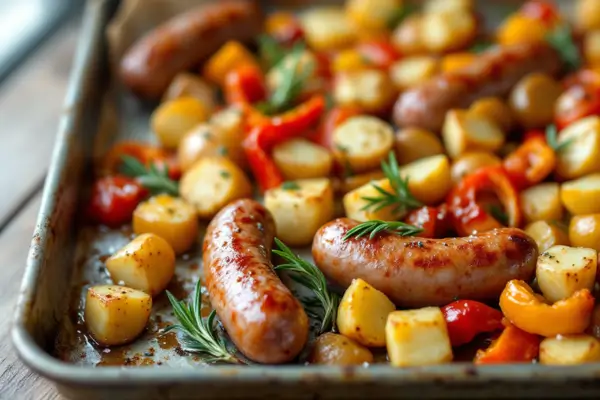 Linguiça com batata e pimentão de forno simples, saborosa e prática