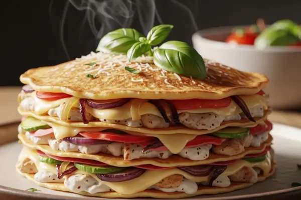 Torre de Panqueca com Frango e Queijo